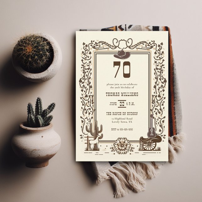 Invitation Rustique Vintage Cowboy Western Frame 70e annivers (birthday invitation for men country western barn backyard rustic elegant botanical cactus horse hat)