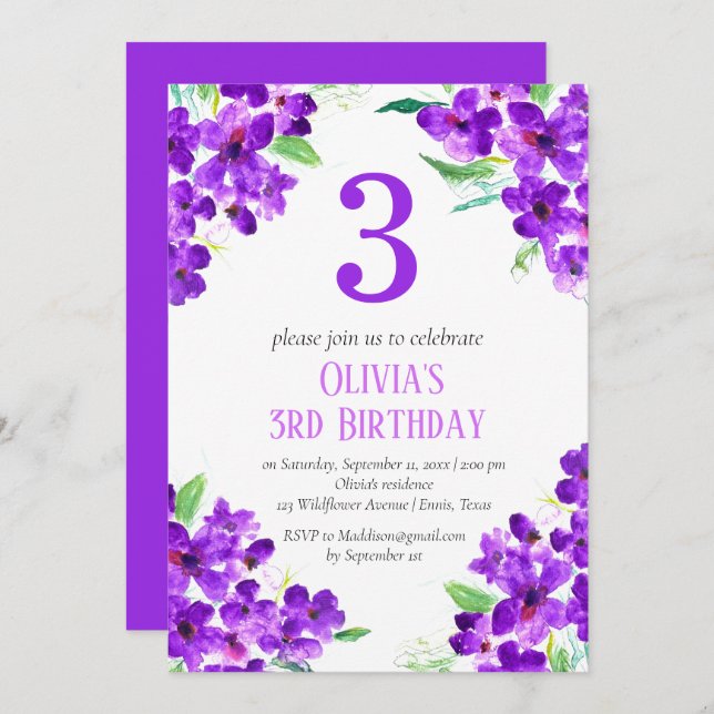 Invitation Rustique Violet 3e anniversaire violet Floral viol (Devant / Derrière)