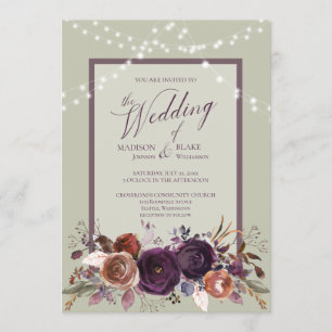 Invitation Rustique violet à cordes florales Mariage vert cla