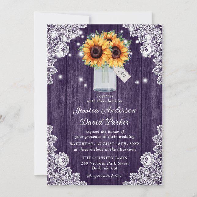 Invitation Rustique Violet Dentelle de bois Tournesol Mariage (Devant)