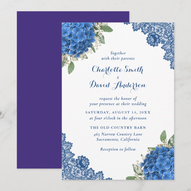 Invitation Rustique violet et Mariage floral bleu (Devant / Derrière)