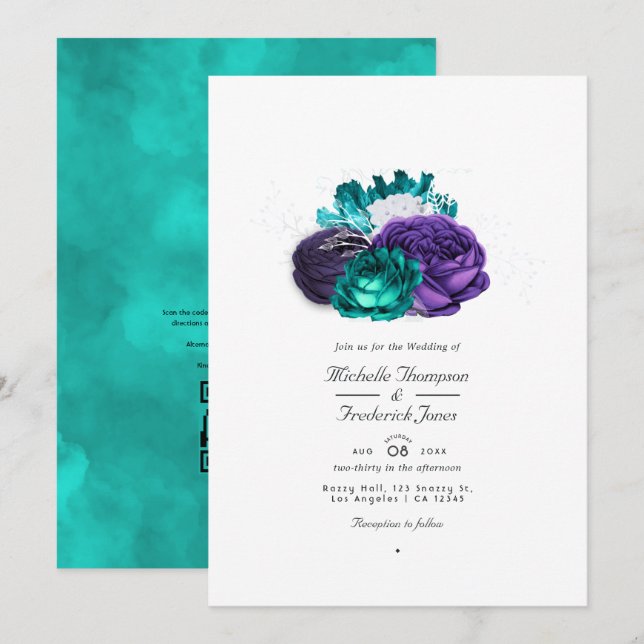 Invitation Rustique Violet et Turquoise Floral Code QR Mariag (Devant / Derrière)