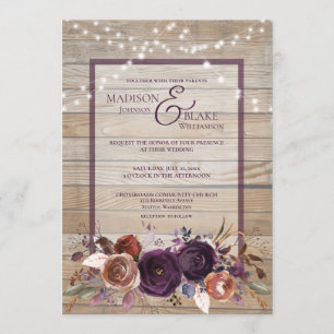 Invitation Rustique Violet Floral Bois Chaîne Mariage