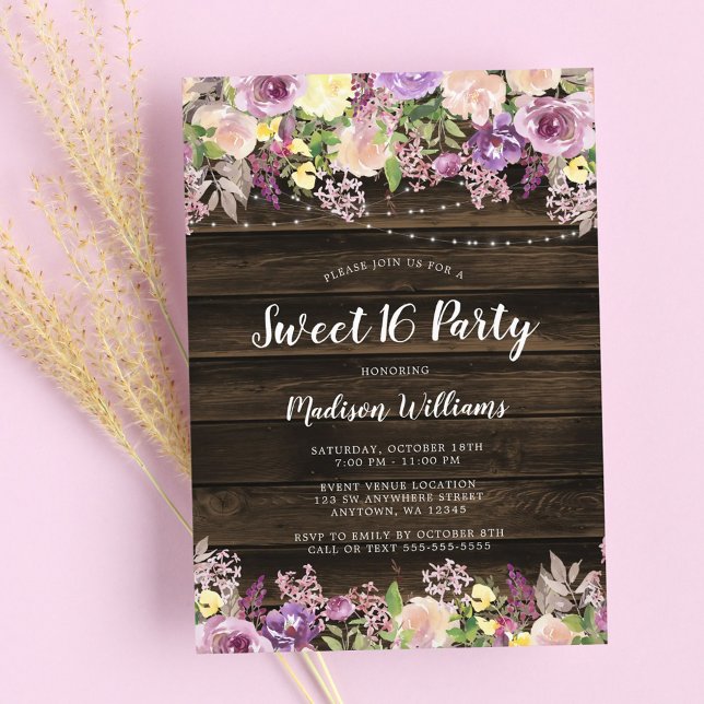 Invitation Rustique Violet Floral Lights Sweet 16 (Créateur téléchargé)