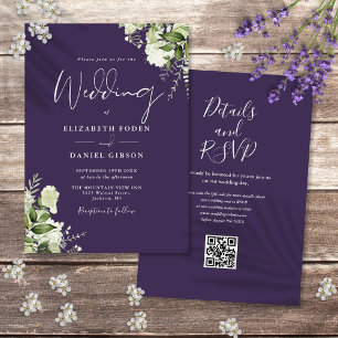Invitation Rustique violet Floral QR Code Mariage
