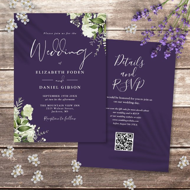Invitation Rustique violet Floral QR Code Mariage (Rustic Purple Floral QR Code Wedding Invitation)