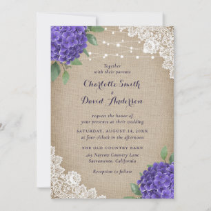 Invitation Rustique violet Hydrangea Burlap Mariage dentelle