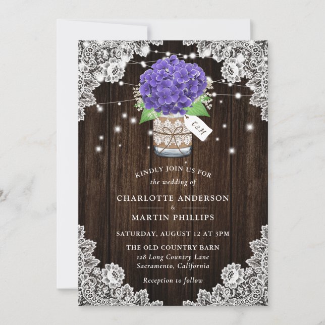 Invitation Rustique violet Hydrangea Mariage dentelle en bois (Devant)