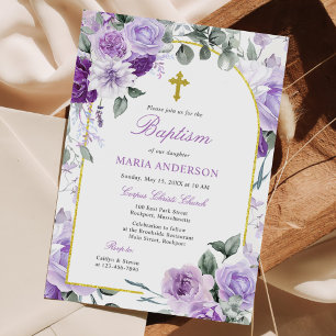 Invitation Rustique violet Rose Floral Girl Baptême
