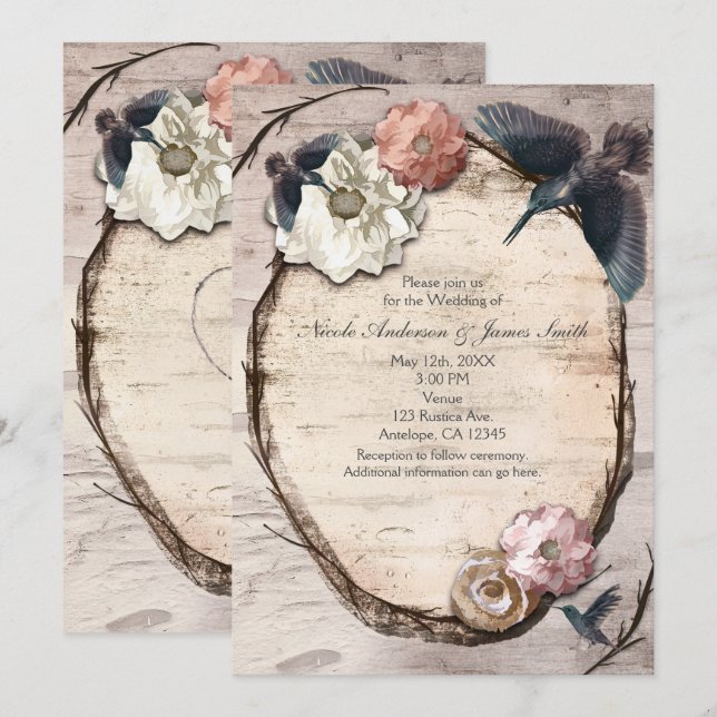 Invitation Rustique White Birch Floral & Hummingbi (Devant / Derrière)
