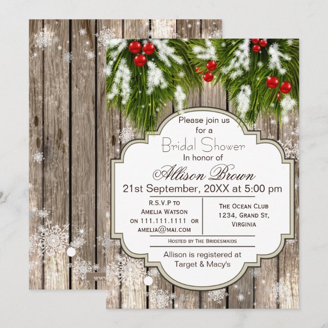 Invitation Rustique Winter Woodland Bride douche (Devant / Derrière)