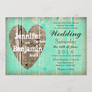 Invitation Rustique Wood Heart Aqua Mariage campagnard Invita