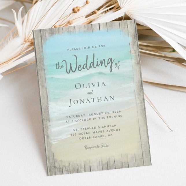 Invitation Rustique Wood Ocean Waves Beach Wedding (Créateur téléchargé)