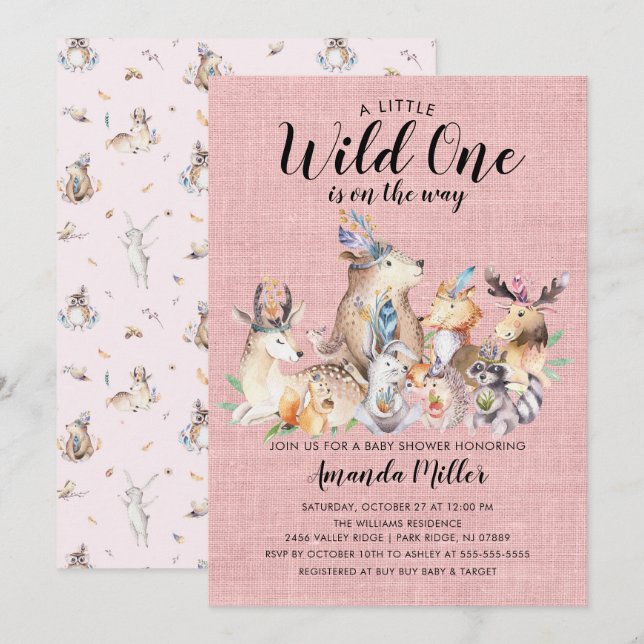 Invitation Rustique Woodland amis Wild One Girls Baby shower (Devant / Derrière)