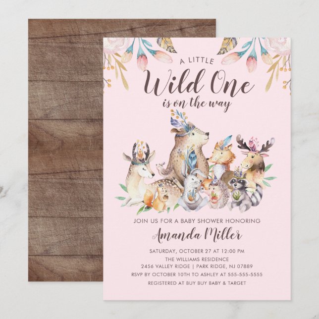 Invitation Rustique Woodland amis Wild One Girls Baby shower (Devant / Derrière)