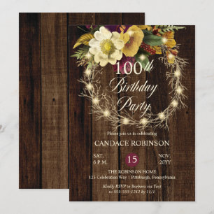 Invitation Rustique Woodsy Lighted Wreath 100e fête d'anniver