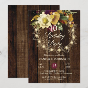 Invitation Rustique Woodsy Lighted Wreath 40e fête d'annivers