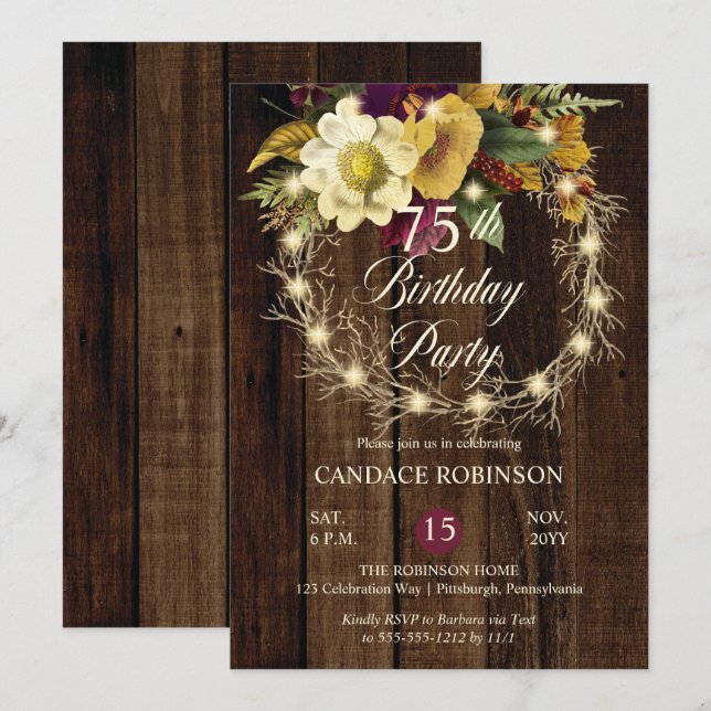 Invitation Rustique Woodsy Lighted Wreath 75e fête d'annivers (Devant / Derrière)