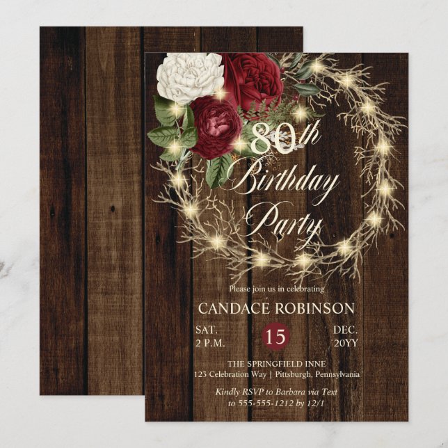 Invitation Rustique Woodsy Lighted Wreath 80e fête d'annivers (Devant / Derrière)