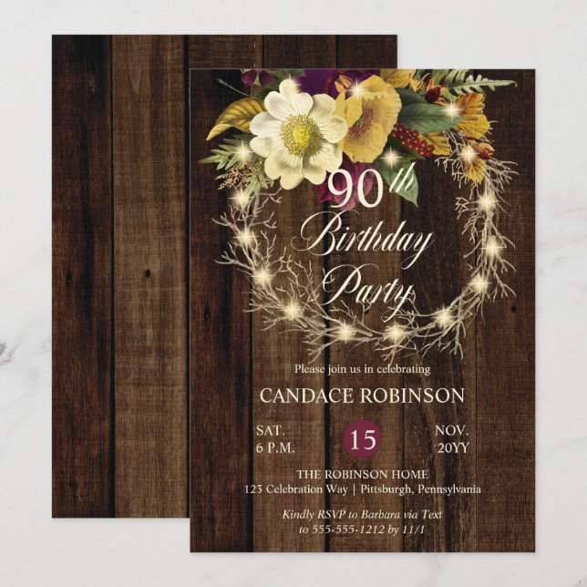 Invitation Rustique Woodsy Lighted Wreath 90e fête d'annivers (Devant / Derrière)