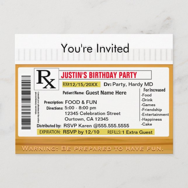 Invitation | RX Prescription for Fun Postcard (Front)