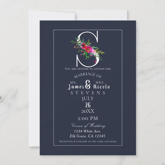 Invitation S Monogramme Dernière Initiale Moderne Bleu Floral (Devant)