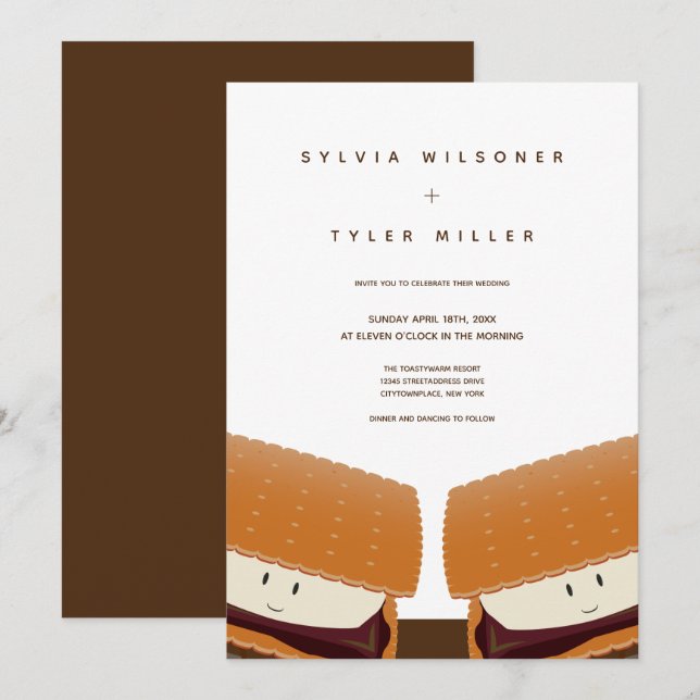 Invitation S’more Illustration Mariage blanc Brown vertical (Devant / Derrière)