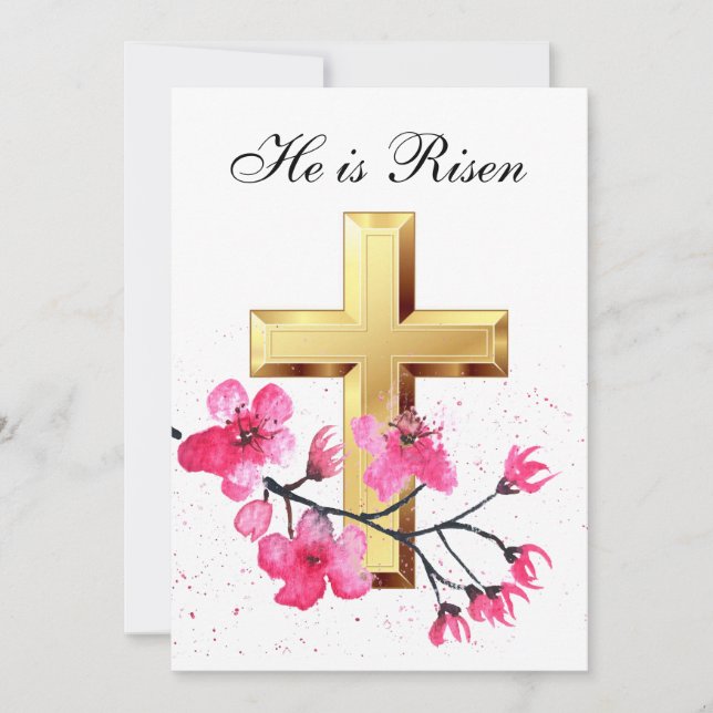 Invitation Sa est Ressuscité Aquarelle Croix de Fleur de Pâqu (Devant)