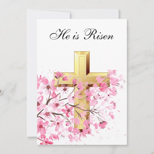 Invitation Sa est Ressuscité Aquarelle Pâques Pink Blossom Cr (Devant)
