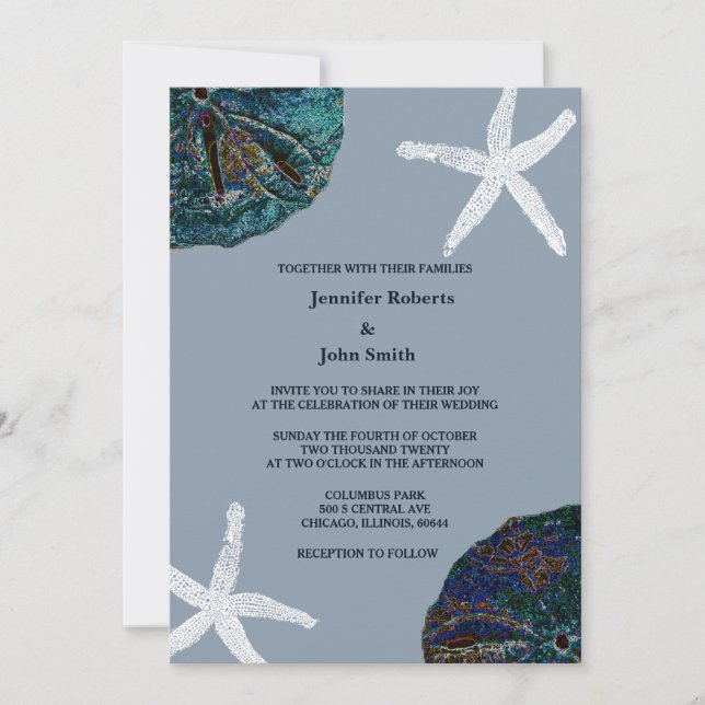 Invitation Sable Dollar Art Seashell Dusty Blue Beach Wedding (Devant)
