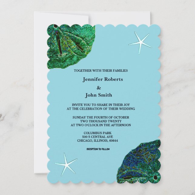 Invitation Sable Dollar Bleu Sanddollar Plage Starfish Mariag (Devant)