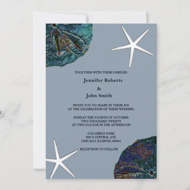 Invitation Sable Dollar Coquillage Art Dusty Blue Beach Maria (Devant)