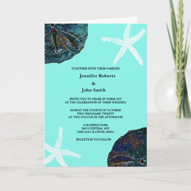 Invitation Sable Dollar Sea Shells Turquoise Abstrait Beach W (Devant)