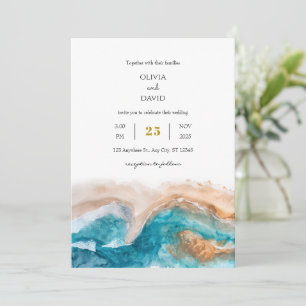 Invitation Sable Doré Turquoise Mer Aquarelle Plage Mariage