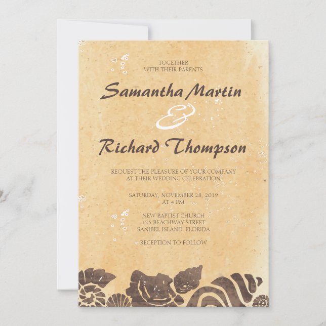 Invitation Sable et coquillages de mer / Plage Mariage Invita (Devant)