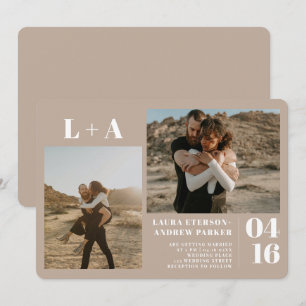 Invitation Sable tan minimaliste initiales 2 photos mariage