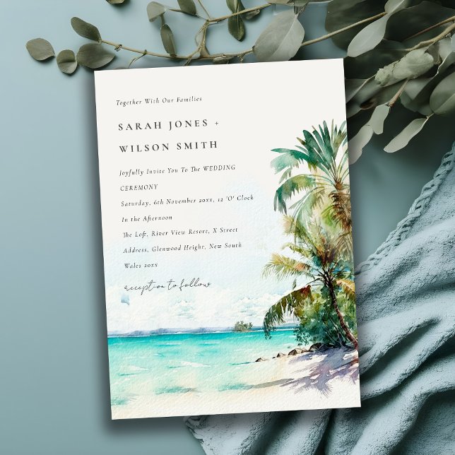 Invitation Sable Tropical Beach Aquarelle Palm Trees Mariage (Créateur téléchargé)