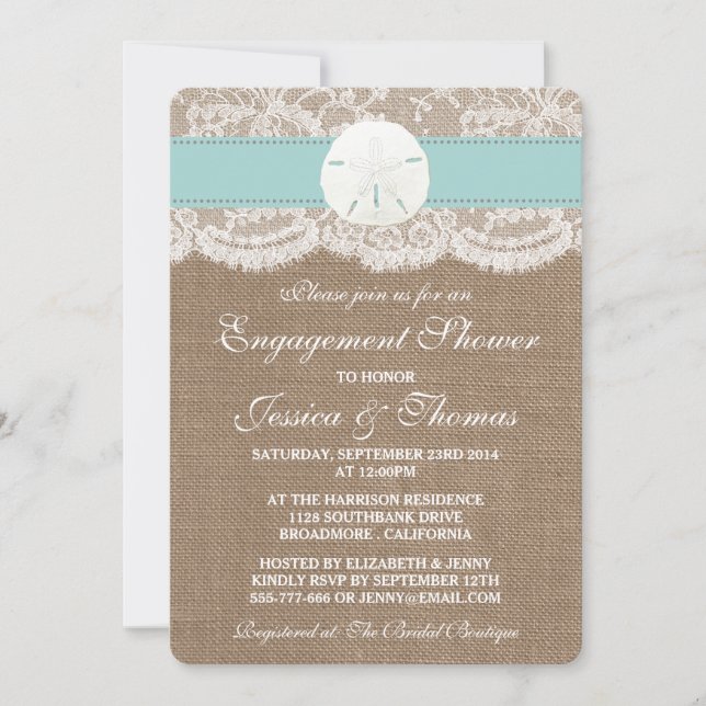 Invitation Sable Turquoise Dollar Plage Fiançailles Douche (Devant)