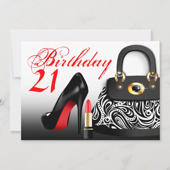 Invitation Sac de luxe, talons hauts et rouge à lèvres 21e an (Devant)