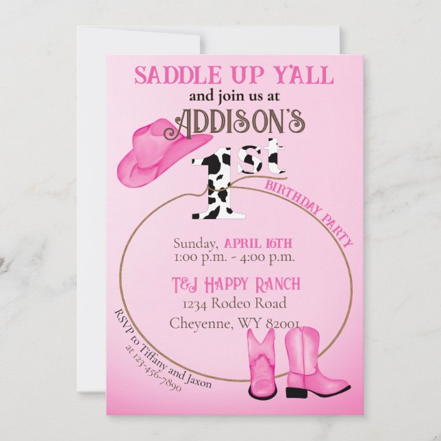 Invitation Saddup 1er anniversaire Pink Cowgirl Boots Casquet (Devant)
