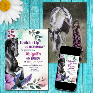 Invitation Saddup Black Horse and Flowers PHOTO Anniversaire