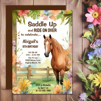 Invitation Saddup Joli Cheval et Fleurs Anniversaire