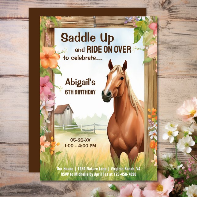 Invitation Saddup Joli Cheval et Fleurs Anniversaire (Saddle Up Pretty Horse and Flowers Birthday Invitation)