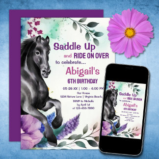 Invitation Saddup Joli Cheval Noir et Fleurs Anniversaire