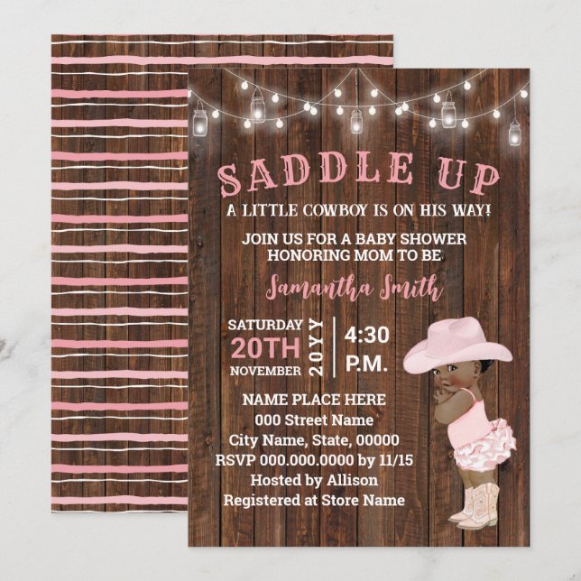 Invitation Saddup Little AA Cowgirl sur son Baby shower Way (Devant / Derrière)
