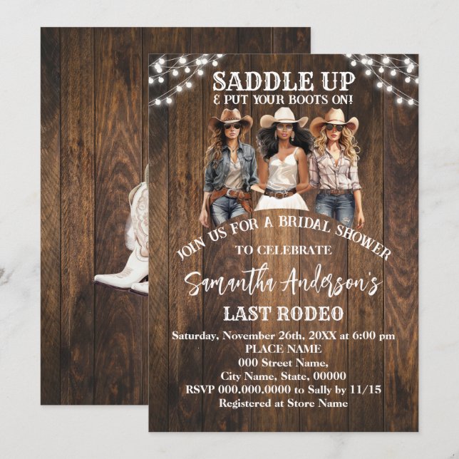 Invitation Saddup Mettre Vos Bottes Fête des mariées Cowgirl (Devant / Derrière)