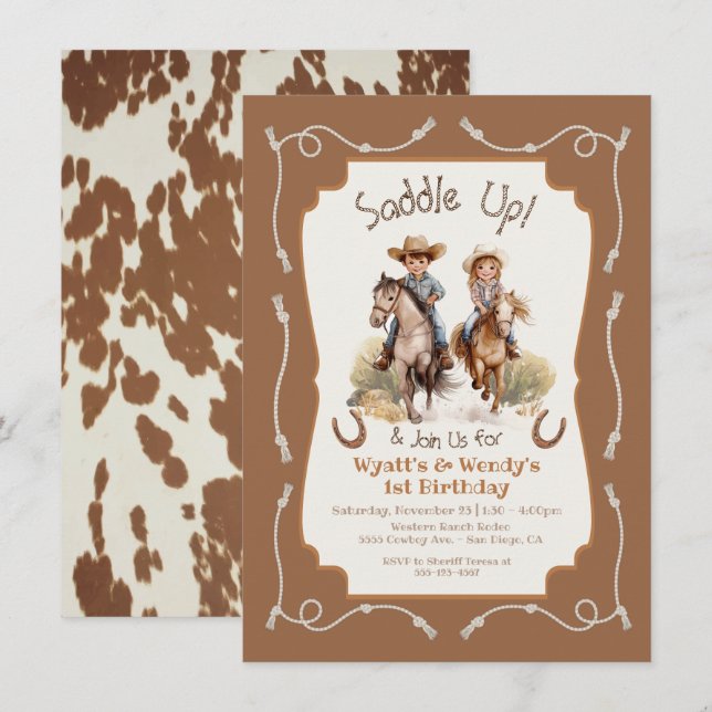 Invitation Saddup petit jumeau Cowboy Cowgirl anniversaire (Devant / Derrière)