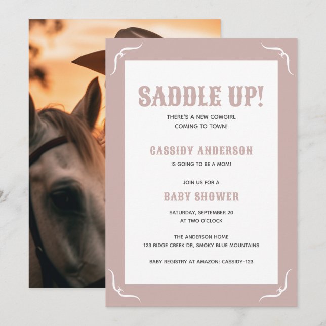 Invitation Saddup Soft Rose Cowgirl Baby shower occidental (Devant / Derrière)