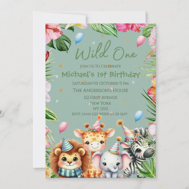 Invitation Safari 1er anniversaire Wild One Floral Anniversai (Devant)