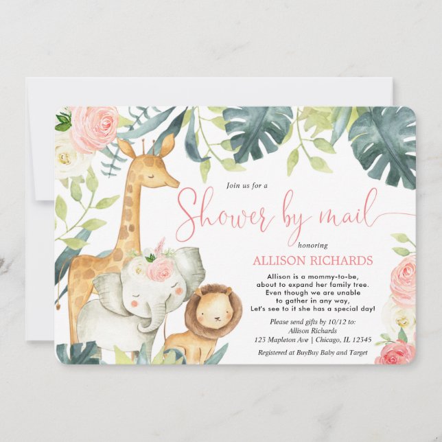 Invitation Safari à fleurs roses Douche par courrier baby sho (Devant)
